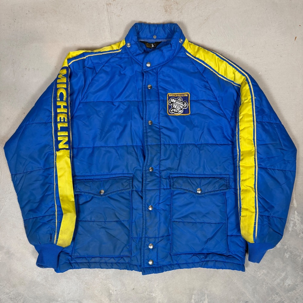 Vintage 80s Michelin Man Quilted Puffer Racing Jacket Swingster Blue Yellow L